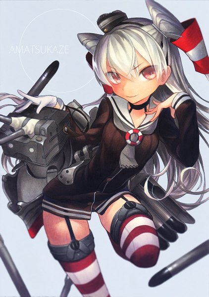 Anime picture 844x1200 with kantai collection amatsukaze destroyer rensouhou-kun megusuri suzki00 single long hair tall image looking at viewer simple background red eyes grey hair grey background two side up character names girl thighhighs dress gloves hair ornament