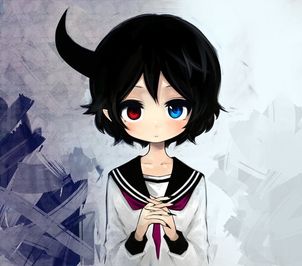 Anime picture 1000x881 with original morina nao single looking at viewer blush short hair blue eyes black hair red eyes horn (horns) fingernails heterochromia long fingernails interlocked fingers girl uniform serafuku