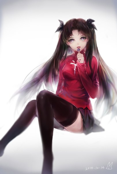 Anime picture 1000x1477 with fate (series) fate/stay night studio deen type-moon toosaka rin kirigaku luo single long hair tall image looking at viewer blush open mouth black hair sitting holding light smile two side up zettai ryouiki dated 2014