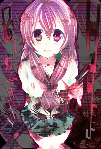 Anime picture 1181x1748 with mirai nikki gasai yuno long hair tall image blush open mouth pink hair pink eyes inscription zoom layer girl bow