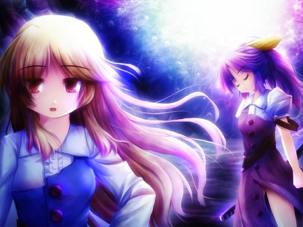 Anime picture 1024x768 with touhou watatsuki no yorihime watatsuki no toyohime akashio (loli ace) long hair blonde hair red eyes multiple girls purple hair ponytail eyes closed wallpaper girl 2 girls