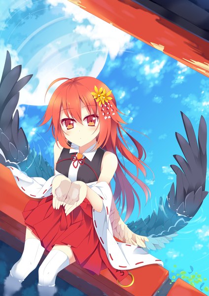 Anime picture 1000x1414 with original nibiiro shizuka single long hair tall image looking at viewer red eyes sitting bare shoulders cloud (clouds) red hair girl thighhighs white thighhighs wings water