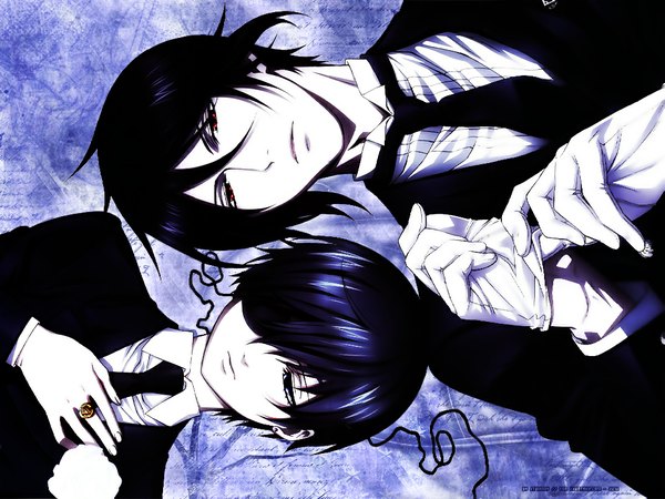 Anime picture 1024x768 with kuroshitsuji a-1 pictures sebastian michaelis ciel phantomhive looking at viewer short hair blue eyes black hair red eyes multiple boys butler adjusting gloves boy gloves earrings necktie 2 boys ring eyepatch suit