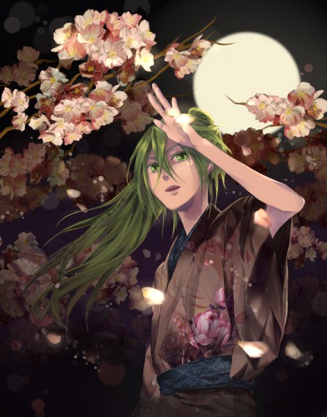Anime picture 1219x1553 with amnesia idea factory ukyo (amnesia) yanako (pixiv) single long hair tall image open mouth green eyes ponytail japanese clothes green hair wind night cherry blossoms boy flower (flowers) petals moon full moon