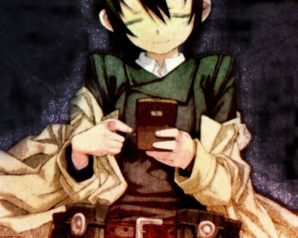 Anime picture 1280x1024 with kino no tabi kino (kino no tabi) kuroboshi kouhaku shiningdays single black hair eyes closed off shoulder third-party edit girl book (books) coat