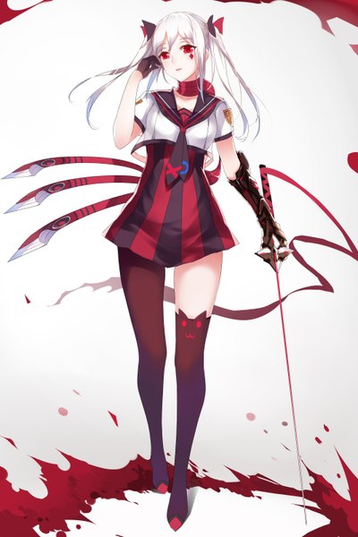 Anime picture 1968x2952 with original horz single tall image highres simple background red eyes white background twintails holding white hair head tilt walking low wings asymmetrical legwear albino girl dress gloves ribbon (ribbons)