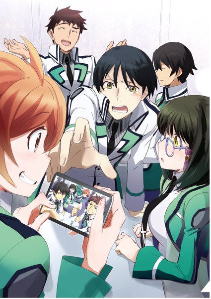 Anime picture 1304x1841 with mahouka koukou no rettousei shiba tatsuya shibata mizuki erika chiba yoshida mikihiko saijou leonhart long hair tall image blush fringe short hair breasts open mouth black hair simple background smile hair between eyes brown hair large breasts standing