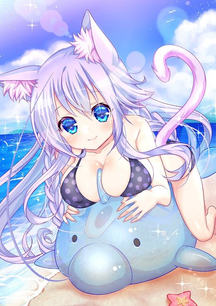 Anime picture 662x936 with original nefia (akine) asakishoten single long hair tall image looking at viewer blush breasts blue eyes light erotic smile large breasts animal ears sky silver hair cloud (clouds) tail animal tail cat ears
