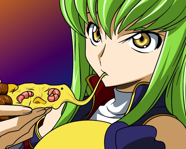 Anime picture 1280x1024 with code geass sunrise (studio) c.c. cheese-kun single long hair fringe yellow eyes green hair eating vector girl food pizza