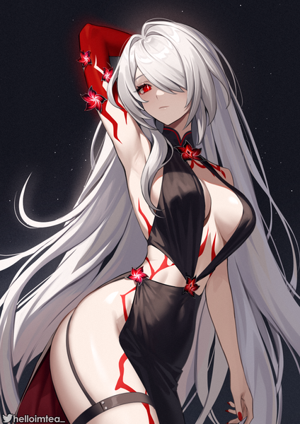 Anime picture 848x1200 with honkai: star rail honkai (series) acheron (honkai: star rail) helloimtea single tall image looking at viewer fringe breasts light erotic simple background red eyes large breasts signed silver hair very long hair nail polish hair over one eye armpit (armpits) tattoo