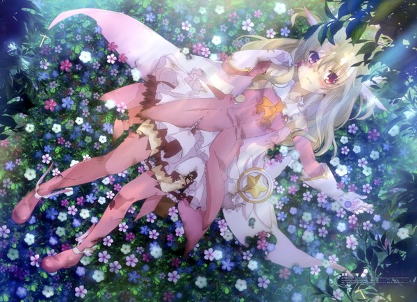 Anime picture 5938x4300 with fate (series) fate/kaleid liner prisma illya type-moon illyasviel von einzbern long hair blush highres red eyes absurdres white hair scan loli girl thighhighs dress gloves flower (flowers) elbow gloves