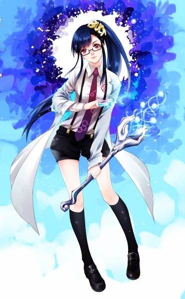 Anime picture 2473x4000 with original kangetsu (fhalei) single long hair tall image looking at viewer highres red eyes blue hair ponytail side ponytail girl hair ornament socks glasses necktie shorts black socks staff labcoat