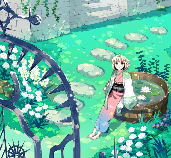 Anime picture 904x840 with ao no exorcist a-1 pictures moriyama shiemi misaka single looking at viewer short hair blonde hair green eyes traditional clothes japanese clothes barefoot hair flower from above looking up girl hair ornament flower (flowers) water