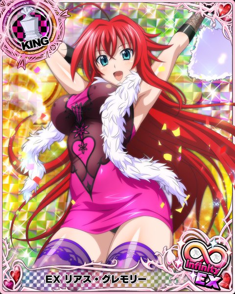 Anime picture 640x800 with highschool dxd rias gremory single tall image looking at viewer breasts open mouth blue eyes light erotic ahoge red hair very long hair armpit (armpits) pantyshot card (medium) girl thighhighs dress underwear panties