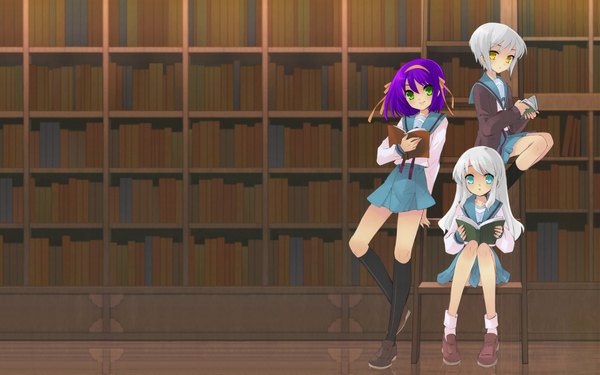 Anime picture 1920x1200 with suzumiya haruhi no yuutsu kyoto animation suzumiya haruhi nagato yuki asahina mikuru long hair highres short hair blue eyes wide image sitting multiple girls green eyes yellow eyes purple hair white hair girl uniform ribbon (ribbons) school uniform