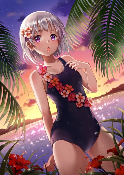 Anime picture 595x841 with original yatomi single tall image looking at viewer blush short hair open mouth light erotic purple eyes silver hair hair flower girl flower (flowers) swimsuit one-piece swimsuit school swimsuit