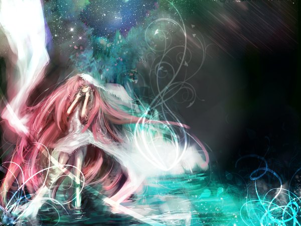 Anime picture 1400x1050 with vocaloid megurine luka zigemu long hair pink hair eyes closed space girl dress water white dress star (stars)