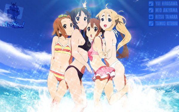 Anime picture 1920x1200 with k-on! kyoto animation akiyama mio hirasawa yui kotobuki tsumugi tainaka ritsu highres wide image beach swimsuit bikini water sea
