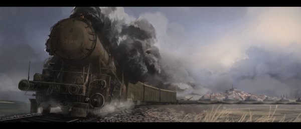 Anime picture 1500x643 with original cacao choco mame wide image sky cloud (clouds) smoke no people steam plant (plants) building (buildings) grass ground vehicle train tank railways railroad tracks