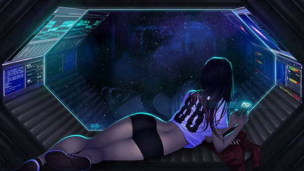 Anime picture 1920x1080 with original nintendo vashperado single long hair highres black hair wide image ass lying legs back on side reflection space playing games girl shoes shorts window