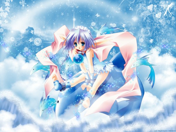 Anime picture 1600x1200 with moldavite nina fromm carnelian single blush fringe short hair open mouth blue eyes sitting bare shoulders purple hair cloud (clouds) full body sunlight bare legs happy girl dress animal