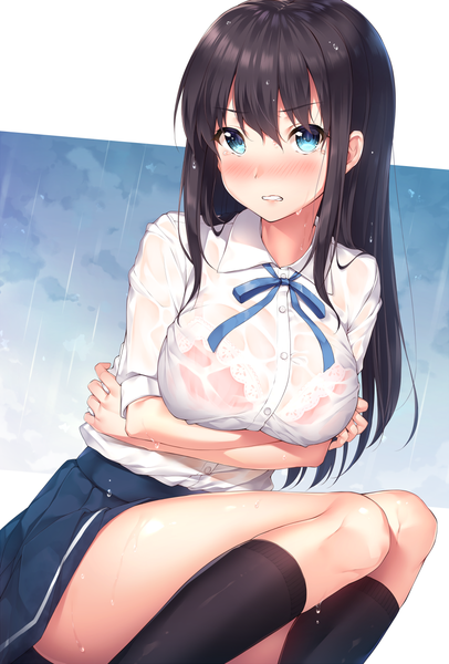 Anime picture 831x1227 with original yomono single long hair tall image blush breasts blue eyes light erotic black hair large breasts looking away embarrassed wet clothes breast hold girl skirt uniform school uniform miniskirt