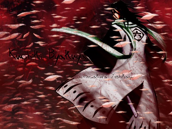 Anime picture 1600x1200 with bleach studio pierrot kuchiki byakuya single long hair black hair signed traditional clothes japanese clothes profile from behind black eyes inscription character names back hieroglyph third-party edit boy petals scarf