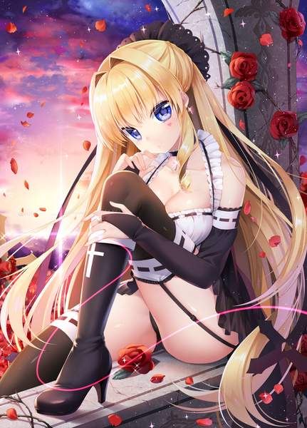 Anime picture 1000x1390 with original delores (mvv) mvv single long hair tall image looking at viewer blush fringe breasts blue eyes light erotic blonde hair hair between eyes large breasts sitting bare shoulders sky cloud (clouds) bent knee (knees)