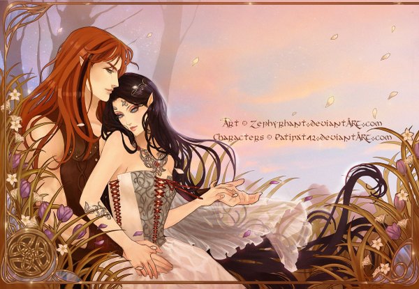 Anime picture 1200x831 with original zephyrhant long hair black hair brown hair signed very long hair pointy ears grey eyes couple holding hands girl dress boy hair ornament flower (flowers) plant (plants) petals tree (trees) hairclip