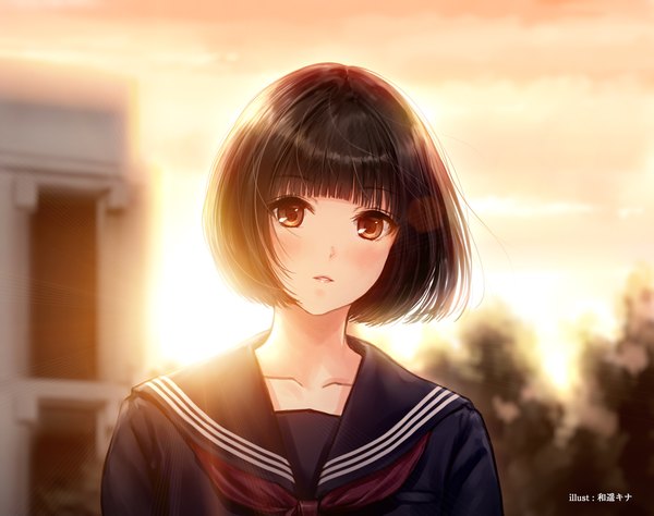 Anime picture 1137x900 with original kazuharu kina single looking at viewer blush short hair brown hair brown eyes signed sky upper body outdoors blunt bangs parted lips wind blurry twilight girl uniform plant (plants)