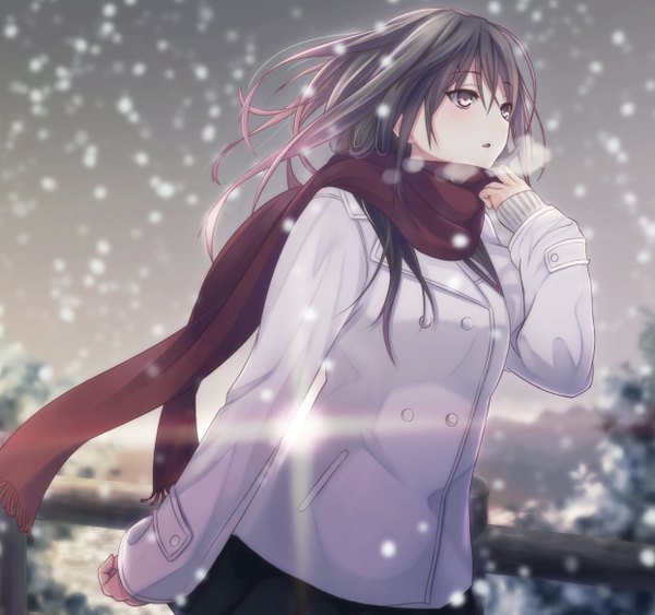 Anime picture 1244x1169 with original fujiwara mizuki single long hair open mouth black hair brown eyes blurry depth of field snowing winter exhalation double buttons girl jacket scarf buttons