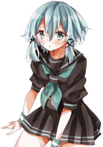 Anime picture 738x1054 with sword art online a-1 pictures asada shino chima (fusigiko) single tall image looking at viewer blush fringe short hair simple background hair between eyes standing white background payot pleated skirt aqua eyes aqua hair short sleeves spread legs