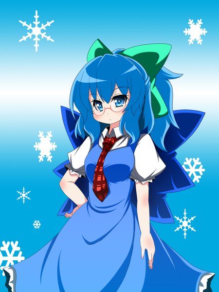 Anime picture 1200x1600 with touhou cirno oborotsuki kakeru single tall image short hair blue eyes blue hair girl dress glasses