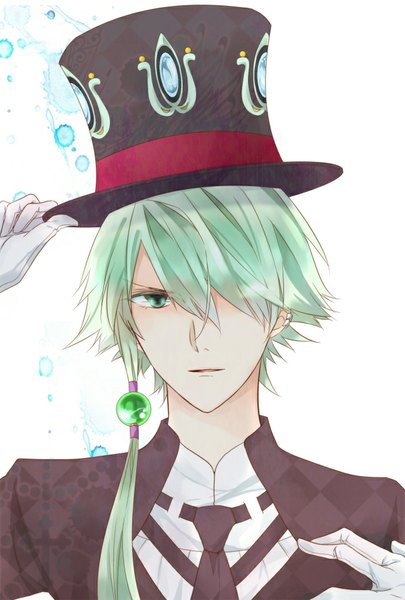 Anime picture 689x1019 with arata kangatari yataka single long hair tall image fringe short hair white background green eyes aqua eyes green hair hair over one eye aqua hair boy gloves hair ornament necktie suit splashes top hat