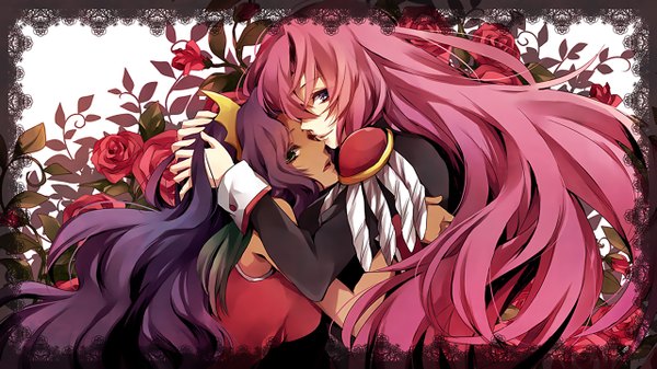 Anime picture 1280x720 with revolutionary girl utena j.c. staff tenjou utena himemiya anthy yuzuki karu long hair wide image multiple girls pink hair purple hair hug dark skin shoujo ai hand on head framed girl uniform flower (flowers) 2 girls school uniform