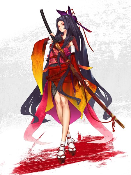 Anime picture 1500x2000 with original kaorihime redjuice single tall image highres black hair simple background red eyes white background very long hair japanese clothes legs girl hair ornament bow ribbon (ribbons) detached sleeves sword kimono