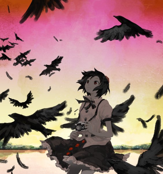 Anime picture 1128x1200 with touhou shameimaru aya poncho (pixiv) single tall image short hair black hair smile red eyes sky wind looking up black wings girl animal water bird (birds) feather (feathers) camera crow