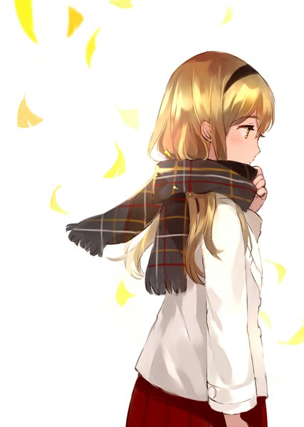 Anime picture 712x1000 with original tan (tangent) single long hair tall image fringe simple background blonde hair standing white background yellow eyes looking away profile pleated skirt girl skirt petals scarf ginkgo