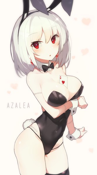 Anime picture 1200x2170 with original hitoshi single tall image looking at viewer short hair breasts light erotic red eyes large breasts standing white background animal ears cleavage white hair tail animal tail from above :o bunny ears