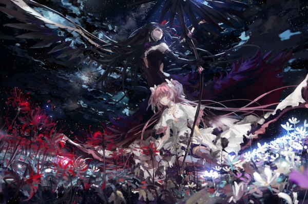 Anime picture 1400x929 with mahou shoujo madoka magica shaft (studio) akemi homura kaname madoka goddess madoka akuma homura stu dts long hair black hair purple eyes twintails multiple girls looking away pink hair sky cloud (clouds) eyes closed very long hair magical girl girl