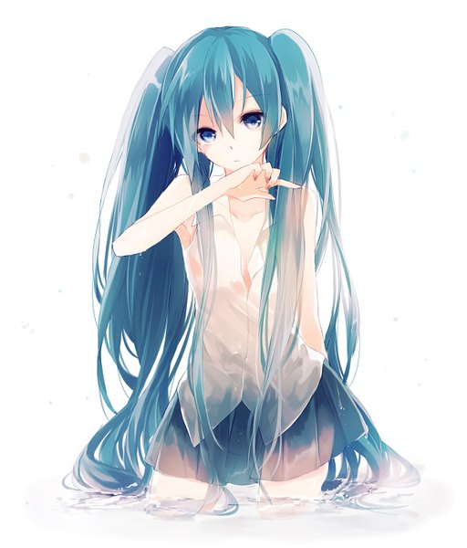 Anime picture 1200x1405 with vocaloid hatsune miku t miyanagi single tall image looking at viewer fringe blue eyes simple background standing white background twintails bare shoulders pleated skirt aqua hair bare legs wet clothes open collar arm behind back girl