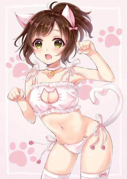 Anime picture 678x958 with idolmaster idolmaster cinderella girls maekawa miku sakura hiyori single long hair tall image blush fringe breasts open mouth light erotic brown hair standing brown eyes animal ears looking away ahoge ponytail tail