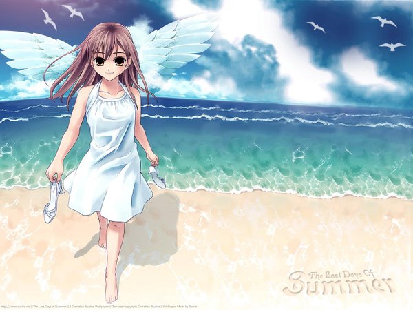 Anime picture 1600x1200 with original hiroyama hiroshi single long hair looking at viewer smile brown hair brown eyes cloud (clouds) full body barefoot inscription no shoes beach angel wings walking summer shoes removed girl dress