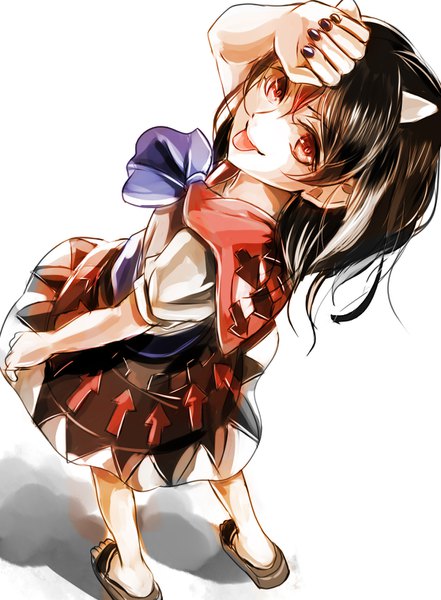 Anime picture 1116x1516 with touhou kijin seija jan (lightdragoon) single long hair tall image looking at viewer black hair smile red eyes standing white background nail polish looking back horn (horns) from above shadow looking up hand on head :p