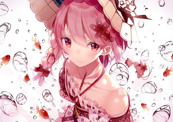 Anime picture 1418x1002 with sergestid shrimp in tungkang xuan ying atha (leejuiping) single long hair looking at viewer blush bare shoulders pink hair braid (braids) pink eyes hair flower light smile from above single braid girl flower (flowers) bow hair bow animal