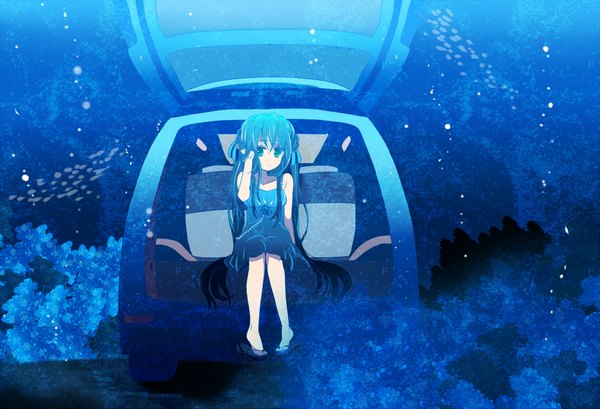 Anime picture 1500x1024 with vocaloid hatsune miku marirero a single looking at viewer sitting twintails very long hair aqua eyes aqua hair girl dress ground vehicle car