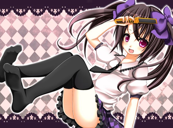 Anime picture 1300x963 with touhou himekaidou hatate harukaruha (artist) blush open mouth black hair twintails pink eyes loli no hat checkered skirt girl thighhighs skirt bow black thighhighs hair bow miniskirt phone