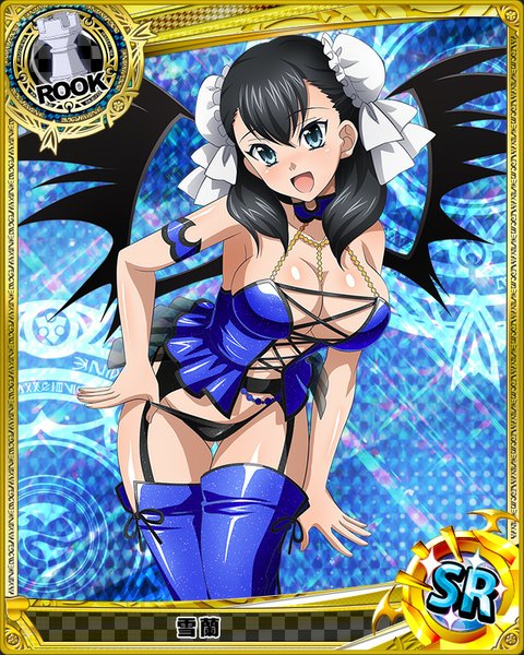 Anime picture 640x800 with highschool dxd xuelan single long hair tall image looking at viewer blush breasts open mouth blue eyes light erotic black hair cleavage hair bun (hair buns) card (medium) girl thighhighs underwear panties wings