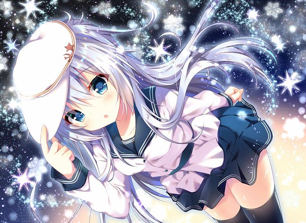 Anime picture 1000x730 with kantai collection hibiki destroyer verniy destroyer kino (kino konomi) single long hair looking at viewer blush fringe open mouth blue eyes hair between eyes silver hair pleated skirt from above :o sparkle dutch angle zettai ryouiki floating hair