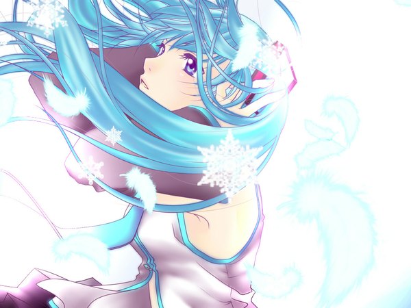 Anime picture 1024x768 with vocaloid hatsune miku long hair blue eyes aqua hair girl necktie headphones feather (feathers) snowflake (snowflakes)